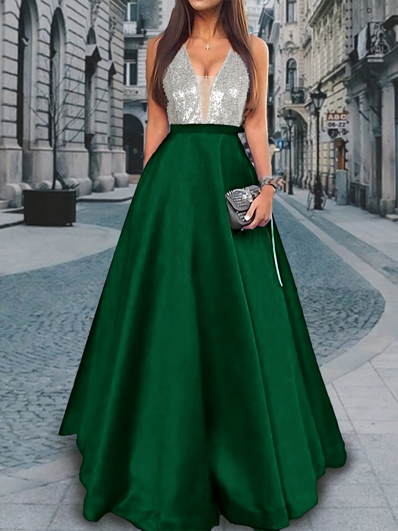 Women's Elegant Sleeveless Deep V-Neck Sequin & Satin Evening Gown - A-Line Mermaid Formal Dress with Super Long Train for Weddings, Galas & Special Occasions, Wedding Guest Attire | Sequined Bodice